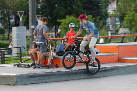 PERM, RUSSIA - JUL 29, 2017: Cyclist trains in Extreme park, Perm Extreme Park was opened on October 10, 2009, it is analogue of Louisville Extreme Parkのeditorial素材