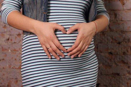 beautiful pregnant woman in striped dress, jacket is standing near brick wall in studio, palm-hearted gesture on stomach, croppedの写真素材