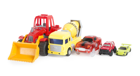 Five construction and racing colorful toy cars isolated on whiteの写真素材