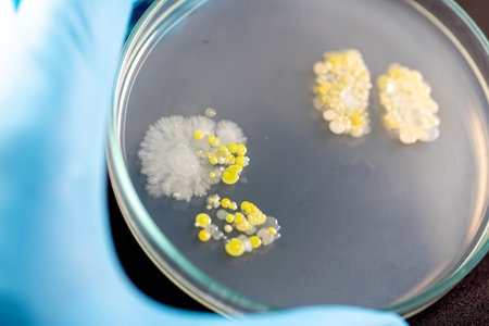 Backgrounds of Characteristics and Different shaped Colony of Bacteria and Mold growing on agar...