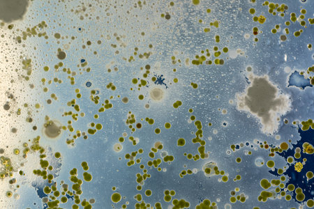 Backgrounds of Characteristics and Different shaped Colony of Bacteria and Mold growing on agar plates from Soil samples for education in Microbiology laboratory.の写真素材
