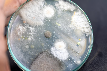 Backgrounds of Characteristics and Different shaped Colony of Bacteria and Mold growing on agar...