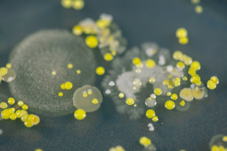 Backgrounds of Characteristics and Different shaped Colony of Bacteria and Mold growing on agar...