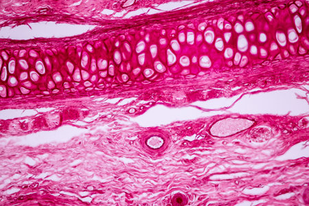 Hyaline cartilage, Elastic cartilage and Bone Human under the microscope in Lab.の写真素材