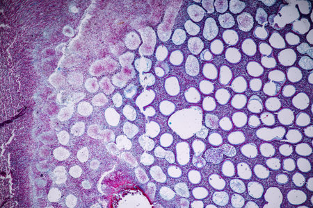 Host cells with spores (mold) are inside wood under the microscope for education.