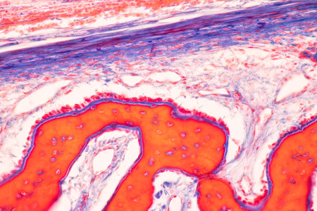 Anatomy and Histological Bone, Elastic cartilage human and Joint of human foetus under the microscope for education.の写真素材
