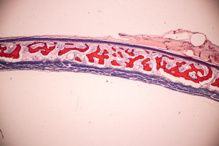 Anatomy and Histological Bone, Elastic cartilage human and Joint of human foetus under the microscope for education.の写真素材