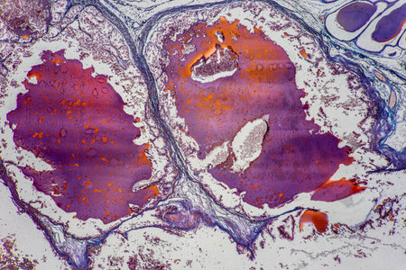 The study of tissue samples of Trachea of Cat, Epididymis, Prostate, Uterus with embryo of rat and Mammary gland cow  under the microscope in Lab.の写真素材