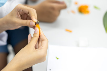 Manual dissection of plant tissue samples for study under a microscope.