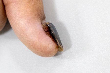 Injured fingers, nails torn, bruised and A nail will fall off,  causing pain and requiring medical assistance.の写真素材