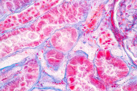 Structure of Tissue of Spleen Human, Liver Human and Kidney Human under the microscope in Lab.
