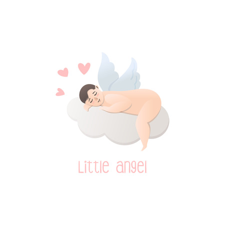 vector illustration of a cute little angel sleeping on a cloud. Greeting card with a newborn, Valentine's day in flat styleのイラスト素材