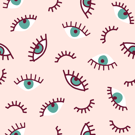 seamless pattern with green eyes on a light pink backgroundのイラスト素材