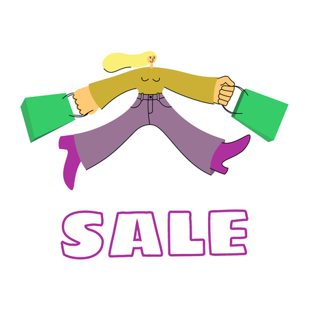 vector illustration of Colorful sale character on white isolated background. Women in trendy flat style and lines with big limbs and small heads. Hold bags. Big Discount, black Friday, cyber Monday, Promo Concept, Advertising Poster, Bannerのイラスト素材