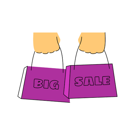 vector illustration of Colorfulsale character on white isolated background. Men and women in trendy flat style and lines with big limbs and small heads. Hold bags, carts, megaphone. Big Discount, black Friday, cyber Monday, Promo Concept, Advertising Poster, Bannerのイラスト素材