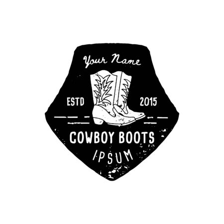 Western Logo cowboy boots hand Draw Grunge style. Wild West symbol sing of a cowboy boots and Retro Typography. Vintage Emblem for hand made cowboy boots, poster, t-shirt, cover, bannerのイラスト素材