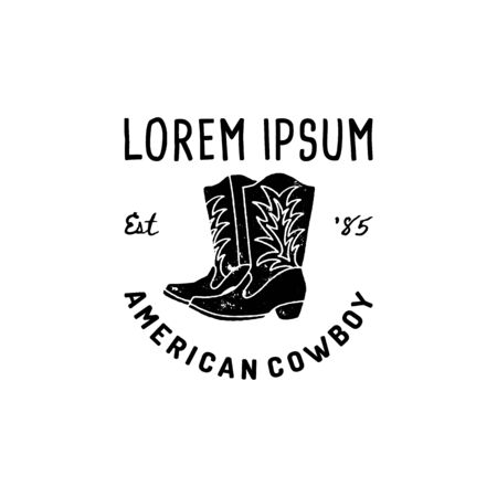 Western Logo American cowboy boots hand Draw Grunge style. Wild West symbol sing of a cowboy boots and Retro Typography. Vintage Emblem for print, poster, t-shirt, cover, banner or other businessのイラスト素材