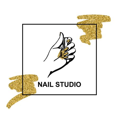 vector gold emblem with a female hand in a trendy minimalist linear style. logo for a beauty salon or a manicurist.のイラスト素材