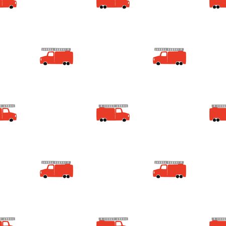 Hand Draw A Fire Truck Seamless Pattern. Vector Boyish Background in Scandinavian Style. Red fire...