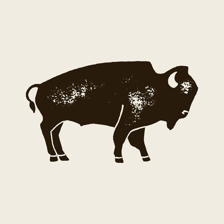 Bison Silhouette Icon. Vector Hand draw bison Symbol of America In Retro style with Grunge Texture on a Light background.のイラスト素材