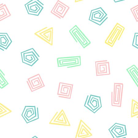 Hand Draw Geometric Shapes Spiral Seamless Pattern. Vector Endless Background of Triangles, Squares, Circles in Pastel Colors baby Pink, Mint, Yellow, blue For the packaging, baby textile, print.のイラスト素材