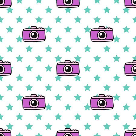 Hand Draw Camera and the stars Seamless Pattern. Vector colorful Endless background in Doodle style. Texture For printing on fabric, wrapping paper, textiles, Wallpaper and other things.のイラスト素材