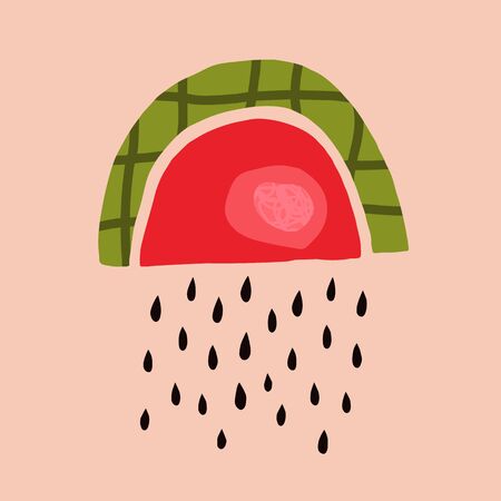 Childrens Cute Watermelon Print on Pink Background. Hand Drawn Vector Illustration Of Summer Fruit. For print on t-shirt, posters, postcards, book covers.のイラスト素材