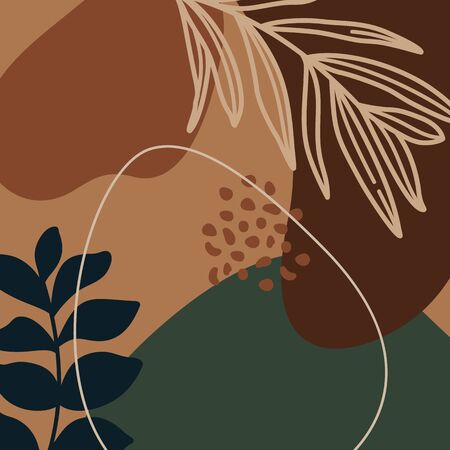Abstract print plants and palm leaf line and geometric shapes in a minimal trendy art in brown colors.のイラスト素材