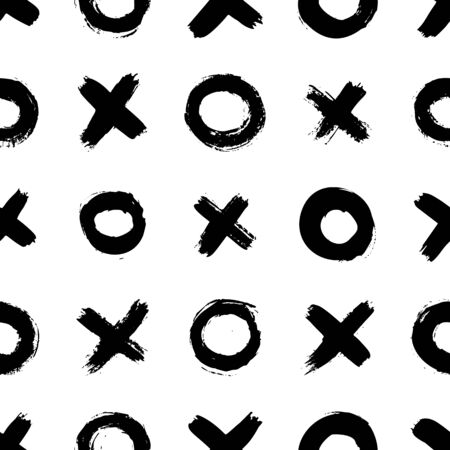 XOXO seamless pattern. Vector Abstract background with ink brush strokes. Monochrome Scandinavian hand drawn print. Grunge texture with simbols of zero and cross.のイラスト素材