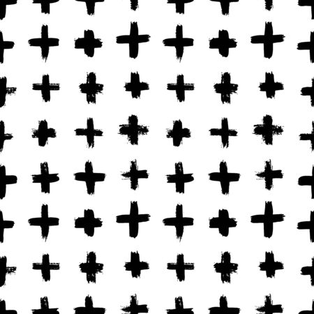 Plus signs and crosses seamless pattern of brush strokes. Vector monochrome grunge texture from X. Scandinavian background for printing on textiles, paper, Wallpaper, print on t-shirtsのイラスト素材