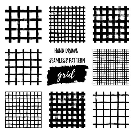 Set of Grunge Grid seamless patterns. Abstract plaid texture hand drawn with a ink brush strokes. Vector Monochrome Scandinavian background in a simple style for print on textiles, Wallpaper, t-shirtsのイラスト素材