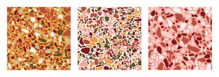 Collection of Terrazzo floor covering seamless pattern in green, terracotta, pink and yellow colors. Vector background of the Italian floor in the Venetian style. Granite texture in a trendy style.のイラスト素材