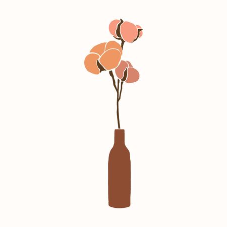 Art collage of cotton flowers in a vase in a minimalistic trendy style. Silhouette of a cotton branch in a simple abstract style. Vector illustration for print t-shirts, cards, posters, social mediaのイラスト素材