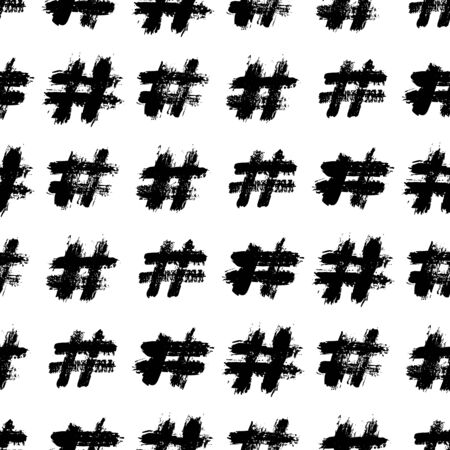 Hashtag Seamless Pattern hand drawn with a brush. Vector Monochrome Grunge texture of communication sign. Scandinavian background in a simple style for printing on textiles, paper, Wallpaper, t-shirtsのイラスト素材