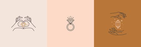 Set of jewelry design templates in trendy linear and minimal style. Vector emblems