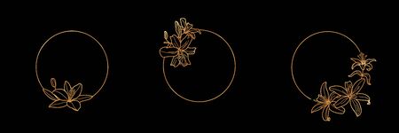 Set of Gold frame template Lily Flower and monogram concept in minimal linear style. Vector floralのイラスト素材