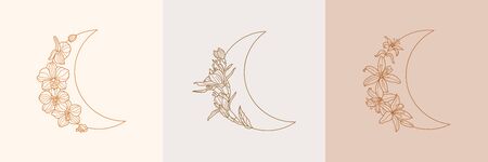 Set of Crescent moon of orchid and Lily flowers in trendy linear minimal style. Vector floral outline emblems for for jewelry stores, handmade masters, cosmetics, Spa, beauty and tattoo salonのイラスト素材