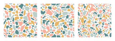 Collection of Terrazzo floor covering seamless pattern in mint, yellow colors. Vector backgroundのイラスト素材