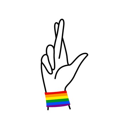 Pride LGBT Rainbow and Female hand with crossed fingers in a minimal linear trendy style. Vector Illustrationのイラスト素材