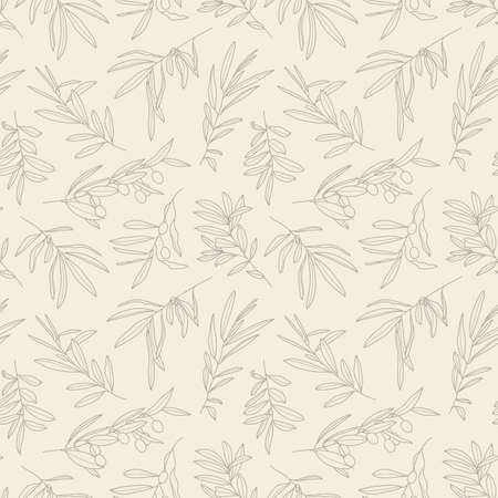 Olive Branch with Leaves and Fruit Seamless Pattern in a Trendy Minimal Style. Outline of a Botanical Background. Floral Green Vector Ornament for printing on fabric, invitation, wrapping, wallpaperのイラスト素材