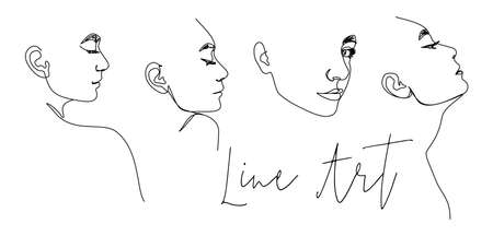 Set of One Line Woman's Face. Continuous line Female Portrait in Profile of a girl In a Modern Minimalist Style. Vector Illustration For wall art, printing on t-shirtsのイラスト素材