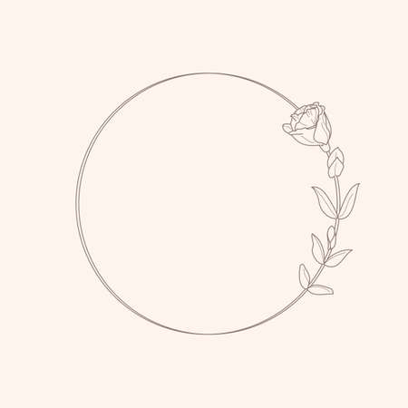 Circle frame of Lisianthus Flowers and branches. Round icon in a trendy minimalistic linear style.  Floral Emblem.のイラスト素材