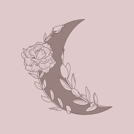 Floral Moon of Lisianthus Flowers in a trendy minimal linear style. Vector Crescent outline iconのイラスト素材
