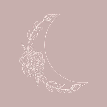 Floral Moon of Lisianthus Flowers in a trendy minimal linear style. Vector Crescent outline iconのイラスト素材