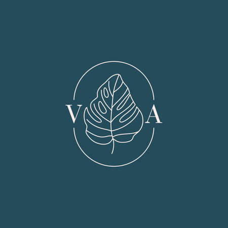 Monstera leaf Monogram design in simple minimal linear style. Vector Exotic Floral Wreath with Tropical leavesのイラスト素材
