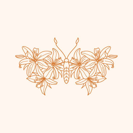 Floral Butterfly icon in a Linear Minimalist trendy style. Vector outline Emblem of Wings with Flowersのイラスト素材