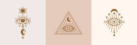 Set of Mystical Eyes, Sun and Moon Icons in a Trending Minimal Linear Style. Vector Isoteric...