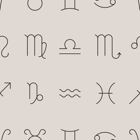 Zodiac signs Seamless Pattern in a Minimal Linear Style. Vector Background of Horoscope Symbolsのイラスト素材
