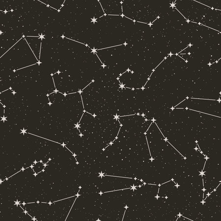 Zodiac Constellations Seamless Pattern on the starry black background in Minimal Trendy Style. Vector Space Astrology backdrop. Horoscope symbols texture.のイラスト素材
