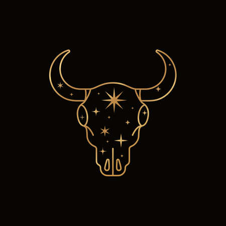 Mystic Golden Bull Skull in a Trendy Liner Minimal Style. Vector Boho illustration of Magic Cow Head with Stars for print on wall, t-shirt, tattoo, social media post and storiesのイラスト素材